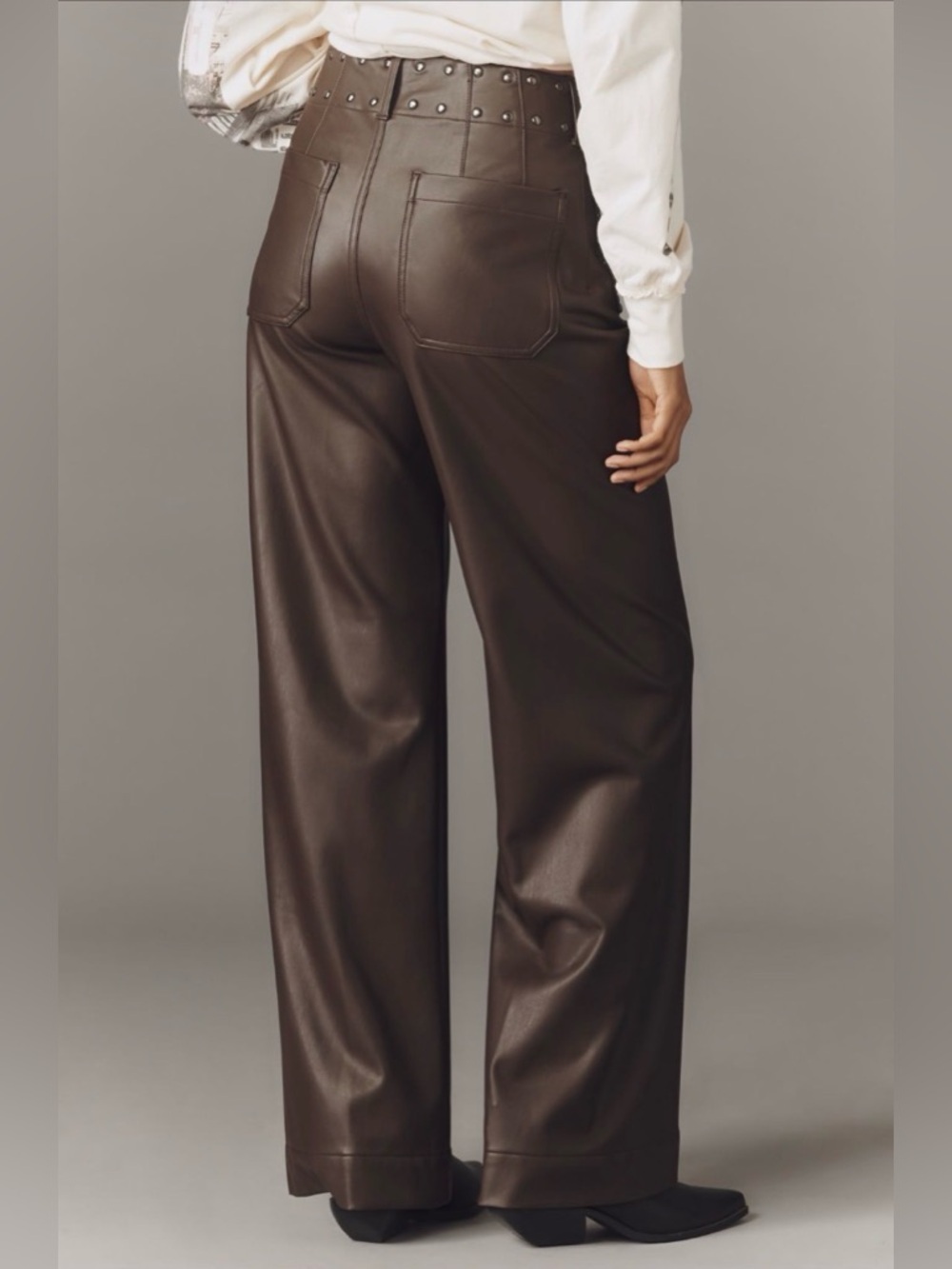 Anthropologie Colette Full-Length Faux Leather Studded brown pants 31 western - Picture 3 of 11